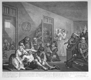 Engraving of the eighth print of A Rake’s Progress, by William Hogarth